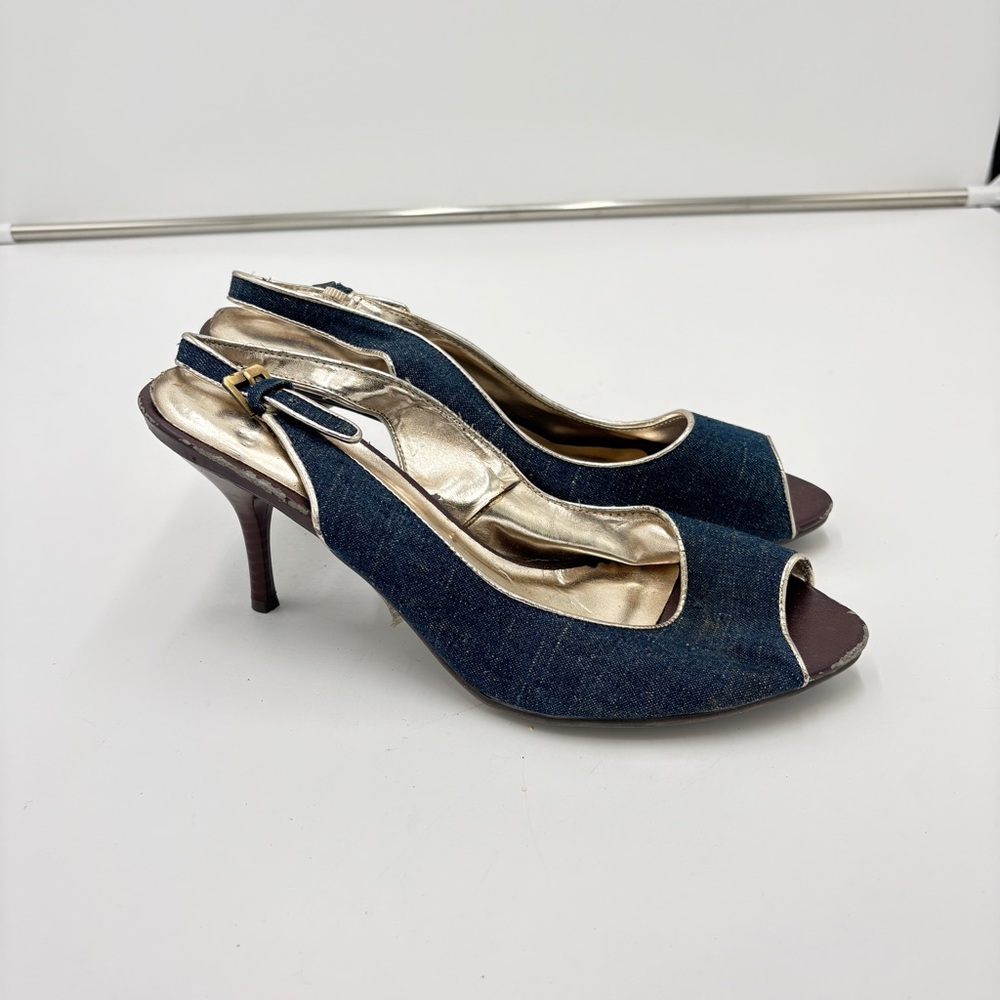 Vintage Y2K 90s Denim Jeans Whimsigoth Kitten Heels Slingback Peep Toe Women’s 9